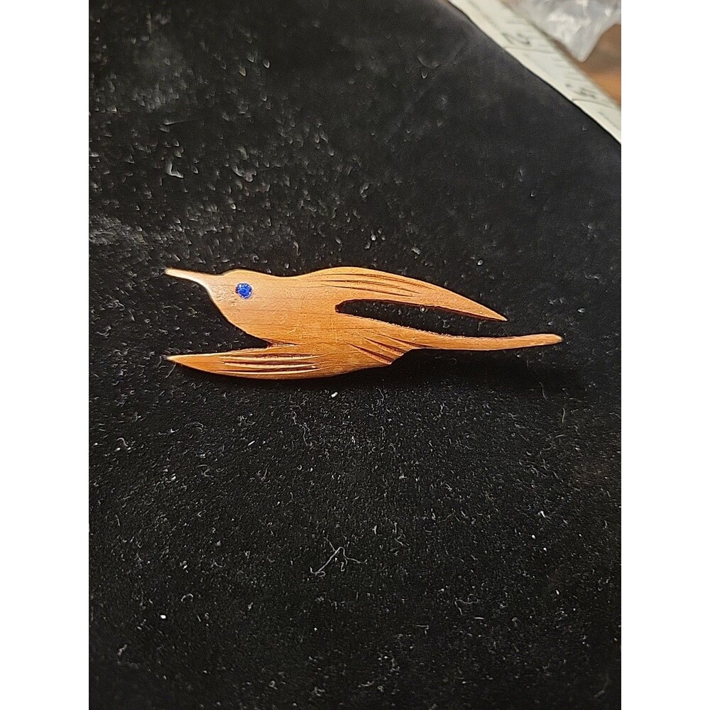 Wooden Bird Brooch Pin Blue Eye MCM Animal Mod Brown